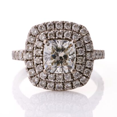 18ct White Gold, Modern, 1.52ct Diamond / 0.91ct Diamond Cluster Ring. GIA certified