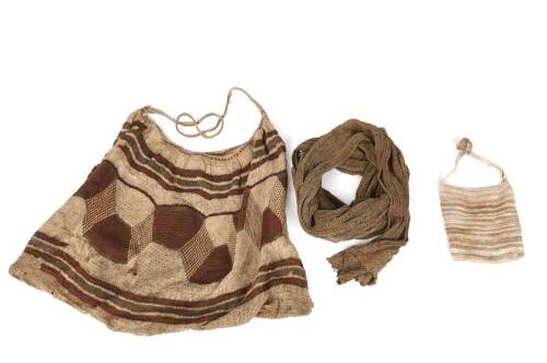 Two Woven Bilums with Names and Three Bilas