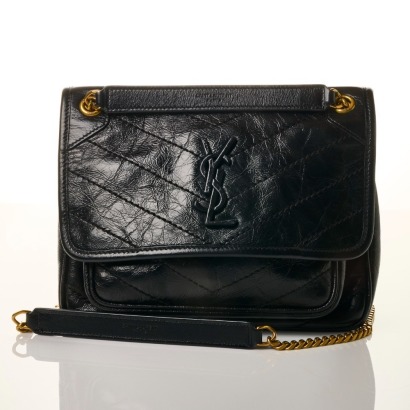 Saint Laurent, Black Crinkled Calfskin Nikki BB Shoulder Bag