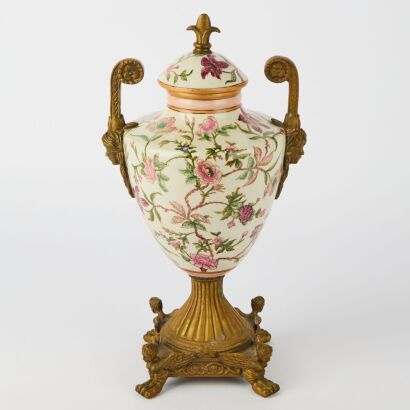 A Continental Porcelain Urn with Floral Decoration and Gilt-Metal Mounts