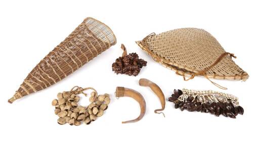 Three Shell Rattles, A Conical Fish Trap, A Coconut Leaf Basket, Phallocrypts