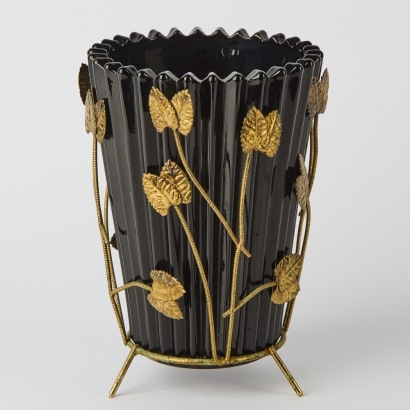 A Ribbed Black Glass Vase with Gilt Metal Vine Mount