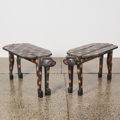 A Pair of Folk Art Cat Drop Side Bench Seats