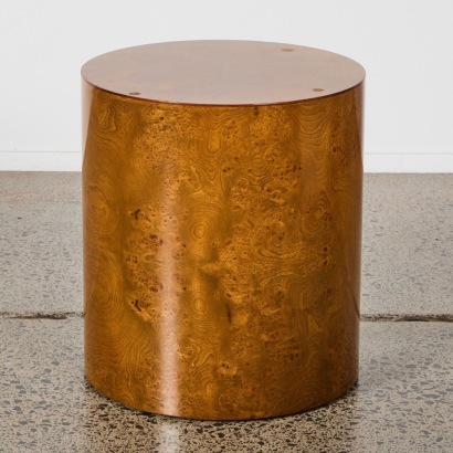 A Milo Baughman Style Walnut Burl Cylindrical Side Table