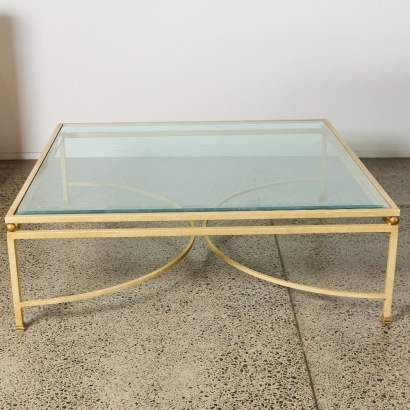 A Large Square Metal Based Coffee Table With Bevelled Edge Glass