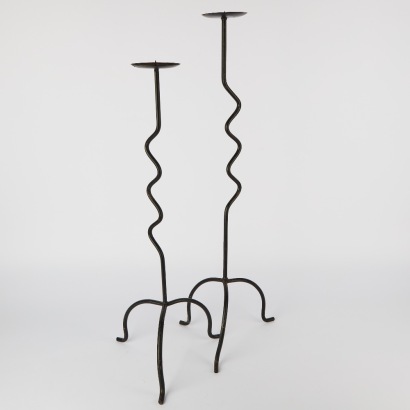 A Pair Of Handmade Wavy Wrought Iron Candle Holders