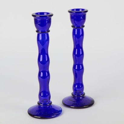 A Pair Of Italian Blue Glass Candle Sticks