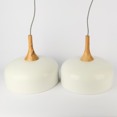 Two Pendant Lights with Wood Ornamentation