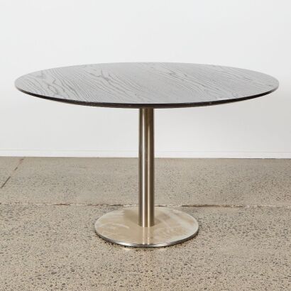 A Black-Stained Oak Dining Table Stainless Steel Disc Base