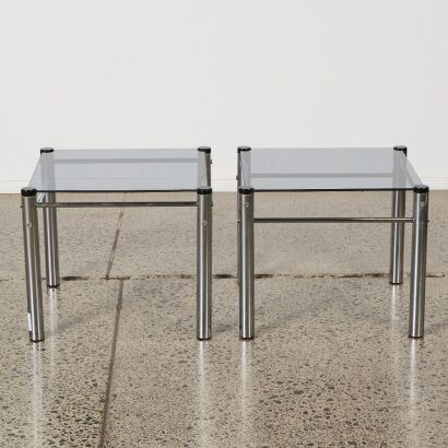 A Pair of Mid Century Glass & Chrome Side Tables