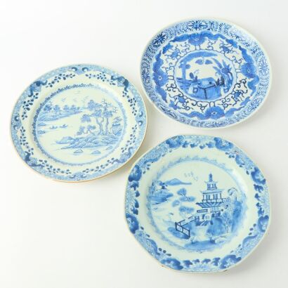 A Group of Three Chinese 18th&ndash;19th Century Blue and White &lsquo;Landscape and Figural&rsquo; Dishes