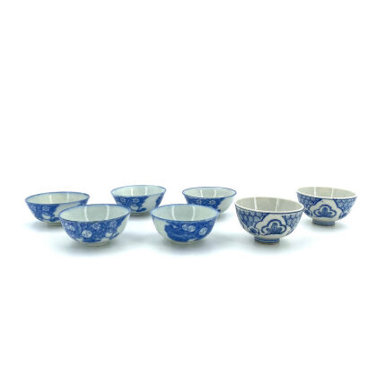A Group of Seven Japanese Blue and White Tea Bowls
