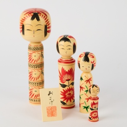 A Set of Four Vintage Kokeshi Dolls in Box