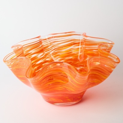 A Large Orange Handblown Wavy Art Glass Bowl
