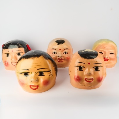 A Set of 5 Vintage Japanese Traditional Folk Character Festival Masks