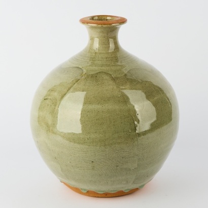 A Large Peter Alger Stoneware Vase in a Celedon Glaze and Combed Decoration