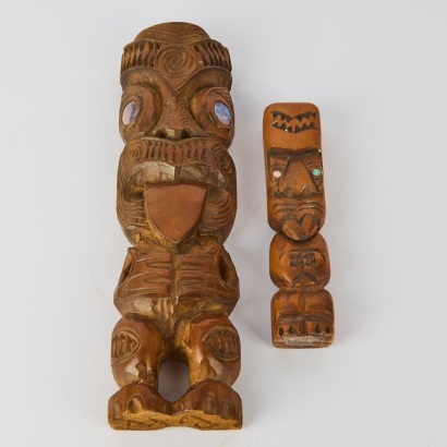A Pair of Hand-Carved Wooden Māori Tiki with Pāua Eyes
