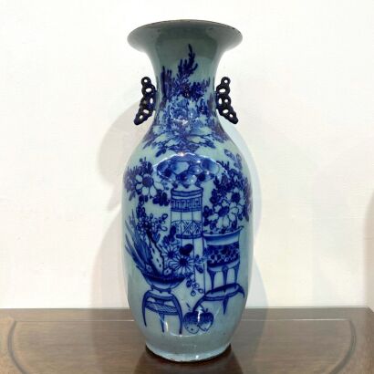 A Chinese Celadon Glazed Blue and White Vase with two handles