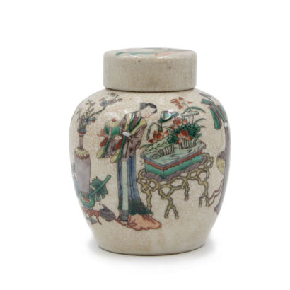 A Chinese Qing Dynasty Famille Verte Lidded Jar decorated with lady pattern