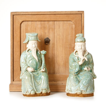 Two Chinese Qing Dynasty Green Glazed 'Fortune and Longevity' Statues