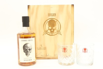 (1) Clark Lane Distillery Devilskin Johnny Skull Blended Whisky with 2 Glasses, 40% ABV (Signed Box & Bottle #001) (GB)