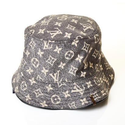 Louis Vuitton, Black / White Monogram Denim Bucket Hat with Box, Size 58