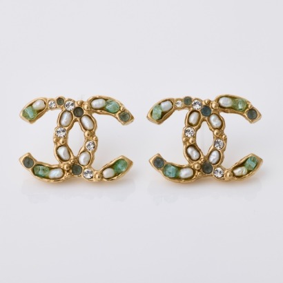 Chanel, CC Logo Crystal / Faux Pearl Earrings with Box
