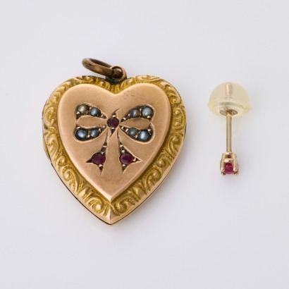 9ct Rose Gold, Seed Pearl / Red Stone Locket Pendant with Single 14ct Ruby Stud Earring