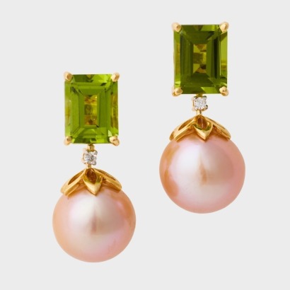 14ct Yellow Gold, Modern, Peridot / Pearl / .02ct Diamond Earrings