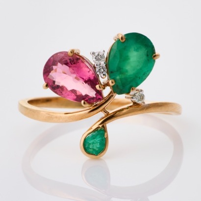 14ct Rose Gold Tourmaline, Emerald / .04ct Diamond Ring