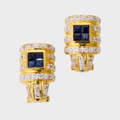 18ct Yellow Gold, Modern, 0.98ct Sapphire / 0.58ct Diamond Earrings