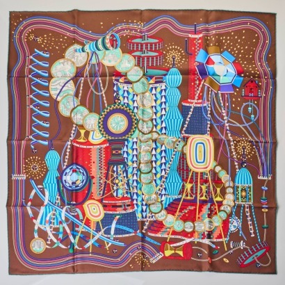 Herm&egrave;s, 100% Silk, Le Laboratoire Du Temps Burgundy / Brown Scarf with Box