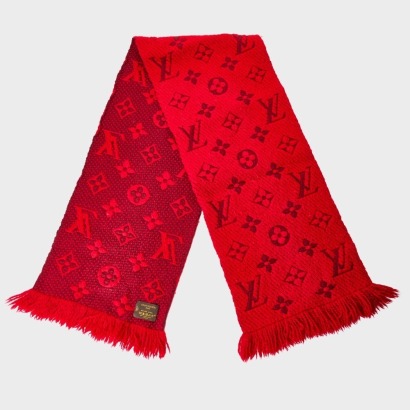 Louis Vuitton, 94% Wool / 6% Silk, Monogram Logomania Red Knit Scarf