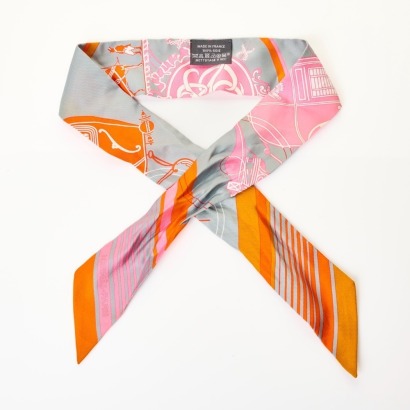 Herm&egrave;s, 100% Silk, Ex-Libris Orange and Grey Twilly Scarf
