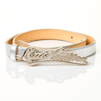 Louis Vuitton, Silver Leather Belt, Size 80 / 32