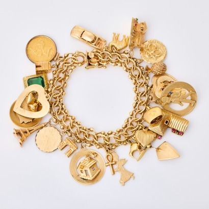 14ct Yellow Gold, 21cm Fancy Link Multi Charm Bracelet