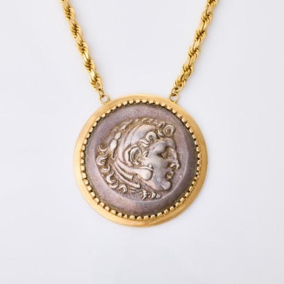 14ct Yellow Gold, 42cm Rope Link Chain with Sterling Silver Coin Pendant Necklace- "Alexander the Great"