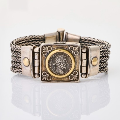 Silver / 14ct Yellow Gold, Accent Multi-Strand Cuff Bracelet with Alexander the Great Central Coin Insert