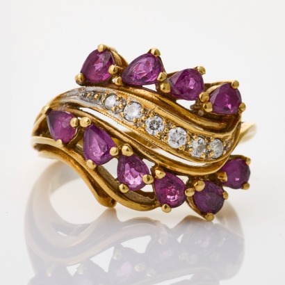 18ct Yellow Gold, Pear Shaped Ruby / 0.18ct Diamond Ring