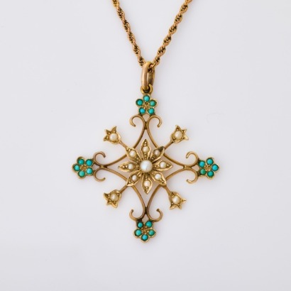 Victorian, 9ct Yellow Gold, Seed Pearl / Turquoise Pendant on 40cm Rope Chain