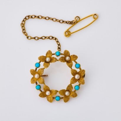 15ct Yellow Gold, Turquoise / Seed Pearl Brooch