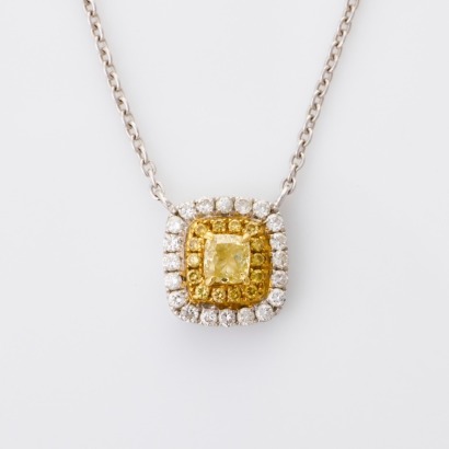 18ct White Gold, 0.16ct Yellow Diamond / 0.17ct Diamond Pendant Necklace