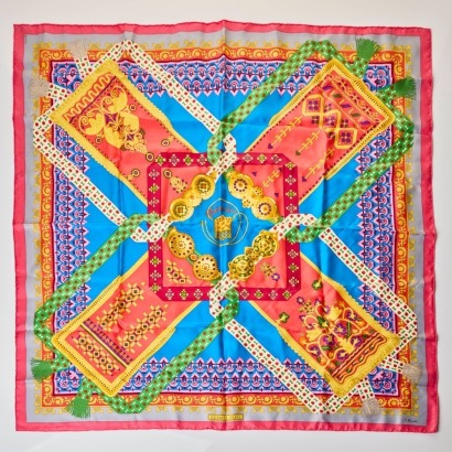 Herm&egrave;s, 100% Silk, Brins d'Or Pink / Blue Scarf