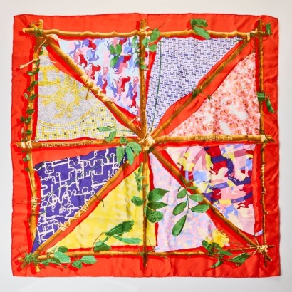 Herm&egrave;s, 100% Silk, Le Robinsin Chic Red Scarf