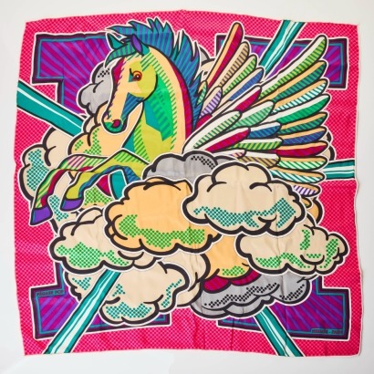 Herm&egrave;s, 100% Silk, Pegase Pop, Pink/ Green Scarf