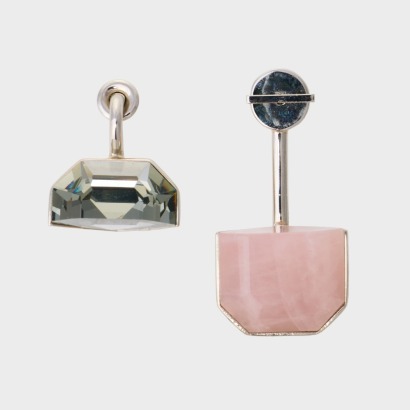 Christian Dior, Smokey Grey Crystal /Pink Quartz Asymmetrical Earrings with Box