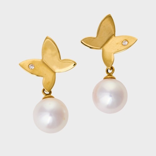 18ct Yellow / White Gold, 0.03ct Diamond / Pearl Drop Earrings