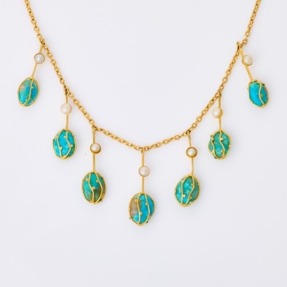 15ct Yellow Gold, 44cm, Victorian, Turquoise / Seed Pearl Necklace