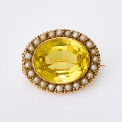 9ct Yellow Gold, Seed Pearl / Yellow Glass Stone Brooch