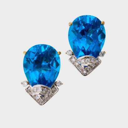 18ct Yellow / White Gold, Blue Topaz / Diamond Large Earrings